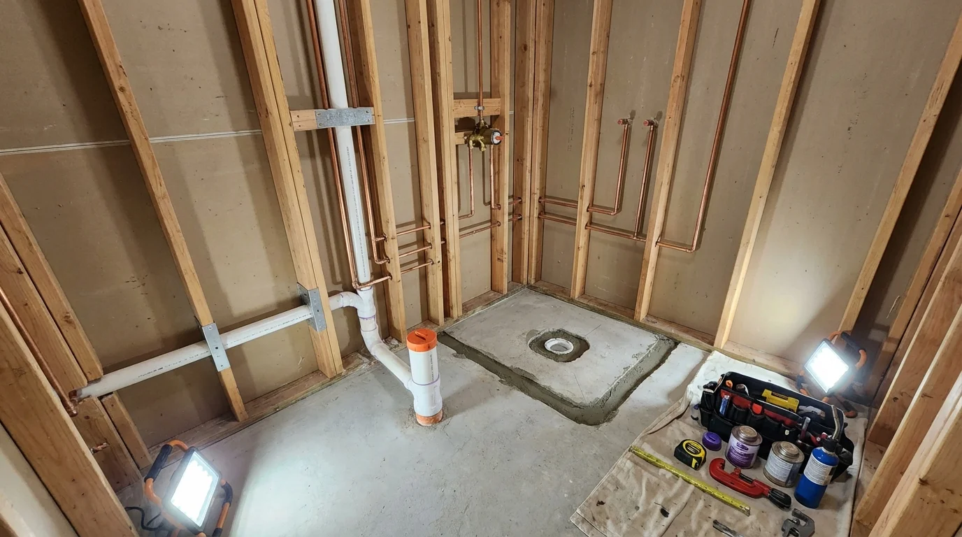 Bathroom rough-in plumbing during remodel by Johns Plumbing LLC in Asheville