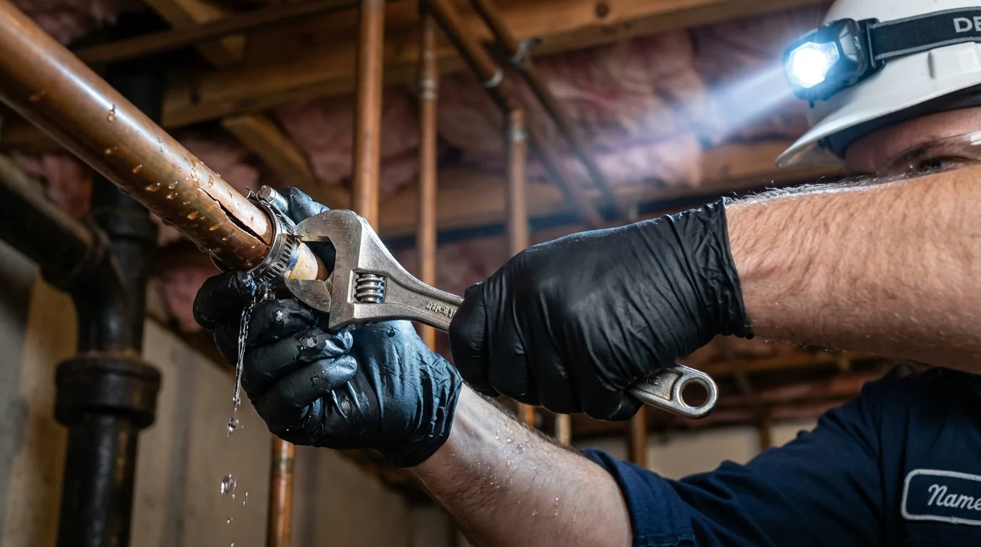 Emergency pipe clamp repair being performed by a Johns Plumbing LLC plumber in Asheville