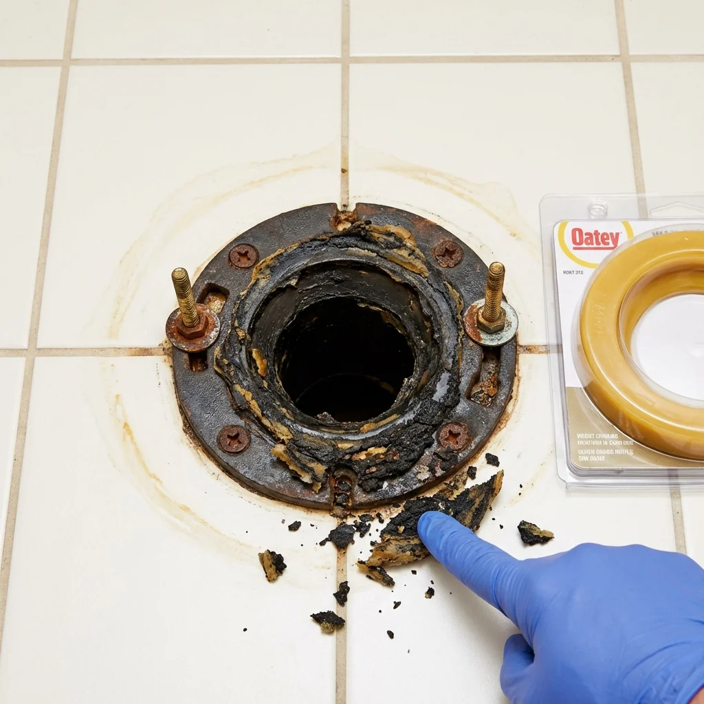Failed wax ring showing water seepage at the base of a toilet in a Asheville, NC home