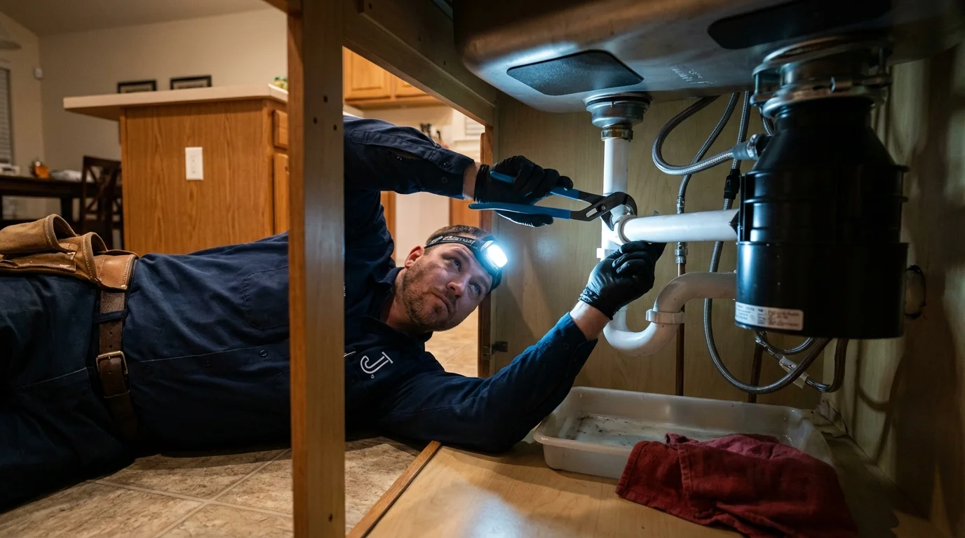 P-trap and supply line connections under a kitchen sink showing a common leak point in Asheville, NC